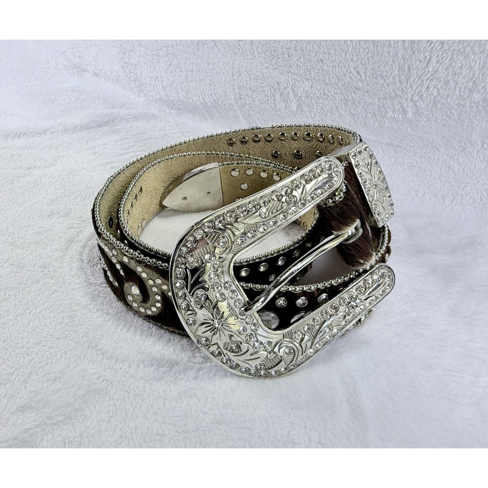 Blazin Roxx Western Cowgirl Bling Belt Brown Calf Hair Rhinestone Sz Med 3483602